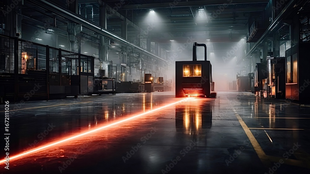 Poster laser cutting machine operating in modern factory