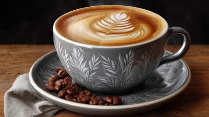 Close Up of a Cappuccino with Intricate Foam Art in a Grey Cup on a Wooden Table with Coffee Beans