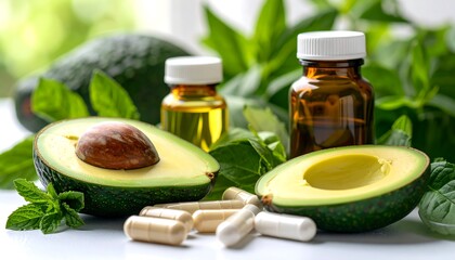 Avocado oil capsules with healthy food.