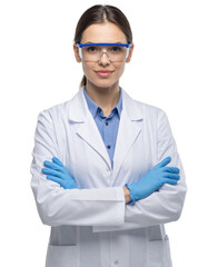 Confident Scientist with Protective Gear: A poised and intelligent scientist stands confidently in a laboratory coat, gazing directly at the viewer with a sense of expertise and assurance.
