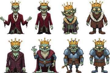 Cartoon zombie kings with crowns wearing medieval armor, royal cloaks, and suits, showing different expressions for horror and fantasy themes.