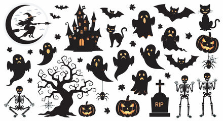 Naklejka premium Silhouetted Halloween elements create spooky scene with witch flying on broom, haunted house, ghosts, bats, pumpkins, and skeletons for festive celebration.
