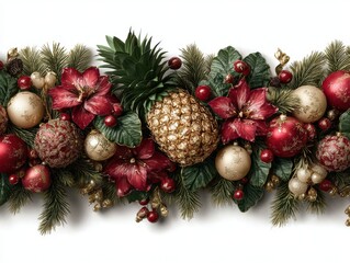 Colorful holiday centerpiece with red flowers, gold ornaments, and a pineapple for festive decor