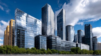 Obraz premium Modern Downtown Skyline Featuring Reflective Glass Buildings Against A Blue Sky With Clouds
