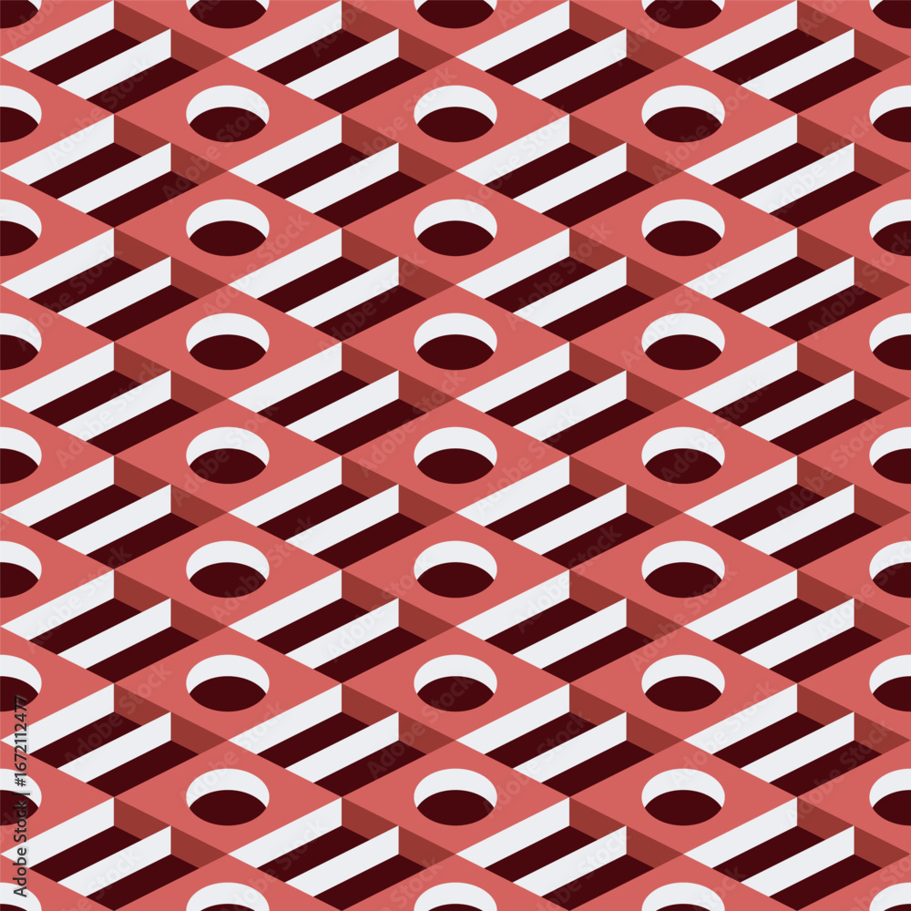Aufkleber isometric geometric red and white block with circle hole seamless pattern