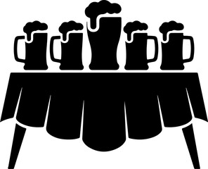 Fototapeta premium Black silhouette of five beer mugs with frothy foam spilling out, displayed on a table