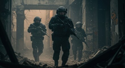 Fototapeta premium Three military soldiers in full gear with rifles walking through a destroyed urban environment.