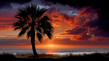 Obraz premium Silhouette of a Palm Tree Against a Vibrant Sunset Sky Over the Ocean at a Tropical Beach