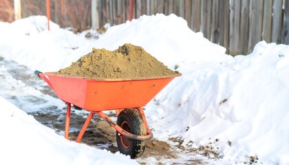 Red wheelbarrow full of sand sits in snowy landscape