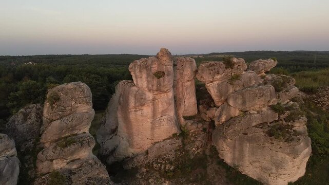 Aerial drone flight over Limestone Rock Ner Olsztyn, Poland