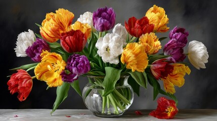 Fototapeta premium Vibrant Bouquet of Colorful Tulips in a Clear Vase with Lush Green Foliage
