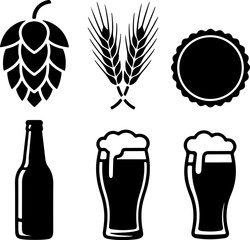 Dynamic black silhouette vector set of beer brewing essentials hop, barley, bottle, and foamy pint glasses, ideal for beverage industry branding