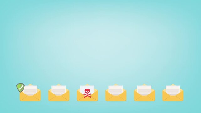 Virus, malware, email fraud, e-mail spam, phishing scam, hacker attack,envelope with document and red skull icon
