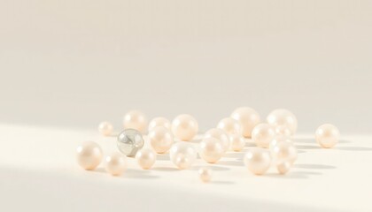 Scattered Pearls and One Silver Ball on White Surface