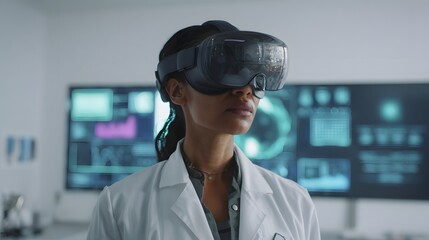 A female scientist with light brown skin wearing a lab coat and VR headset monitors deep-sea mining data in a clean, futuristic lab. Minimalist interior with holographic displays and soft lighting