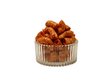 Kerupuk Makaroni Pedas or spicy macaroni cracker is Popular Snack in Indonesia, isolated on white background 