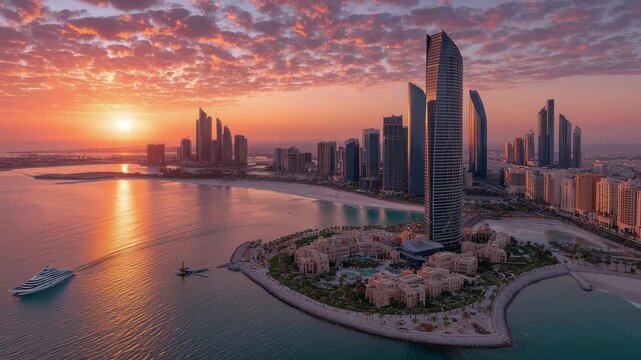 Abu Dhabi Sunrise Cityscape Stunning Skyline Yacht Ocean, 4k video footage