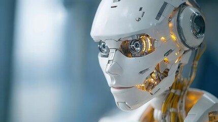 Futuristic android visage with intricate mechanical details and a serene expression