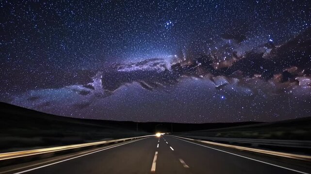 long exposure graph of highway at night, with streams of car light trails under starry sky featuring the Milky Way