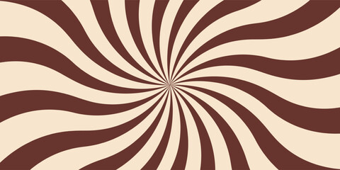 Candy color sunburst background. Abstract chocolate cream sunbeams design. Colorful spinning lines for template, banner, poster, flyer. Sweet rotating cartoon swirl or whirlpool. Vector backdrop.