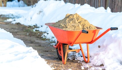 Red wheelbarrow full of sand sits on snowy ground