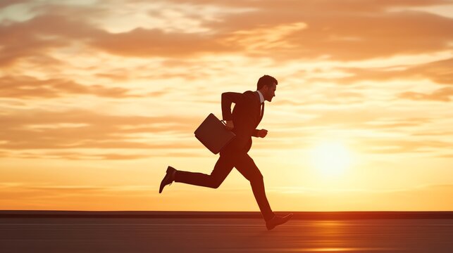 Businessman running at sunset with briefcase. - Powered by Adobe