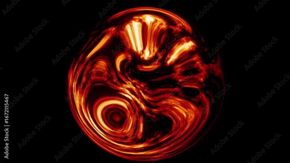 Poster abstract fiery orb with swirling patterns on black background.