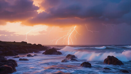 Dramatic Lightning Storm Over Dark Ocean Waves and Rocky Shore