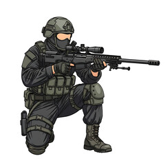 Illustration of a swat sniper kneeling in full gear aiming a rifle
