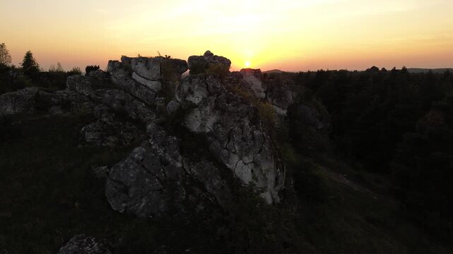 Aerial drone flight over Limestone Rock Ner Olsztyn, Poland
