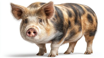 Pig with unique markings stands in a bright setting, showcasing its distinctive appearance and playful nature