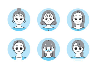 いろいろなタイプの女性の顔アイコンイラストセット