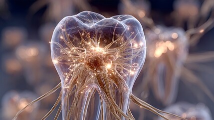Futuristic regenerative dentistry, nerve fibers growing inside transparent tooth