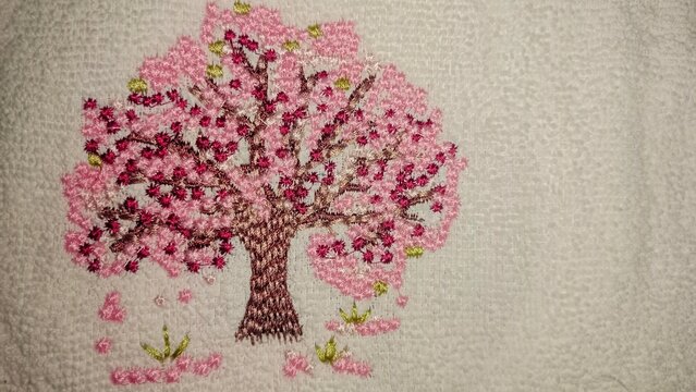 Embroidery design of tree, embroidery mockup,psd disign,embroidery tree design,embroidery sticker design, vibrant pink tree, vibrant pink tree on towel, logo, Christmas tree,maple leaves,autumn leaves