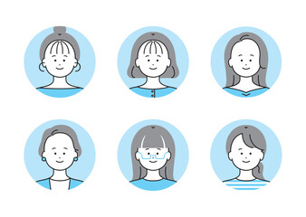 いろいろなタイプの女性の顔アイコンイラストセット