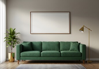 Stylish green sofa and blank frame in modern living room interior creates a calming atmosphere, perfect for home decor and design inspiration
