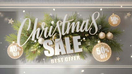 Festive christmas sale with ornaments and pine branches