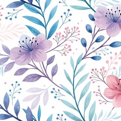 Floral Watercolor Pattern with Delicate Flowers and Leaves for Springtime Designs and Elegant Backgrounds in Pastel Hues Perfect for Textiles