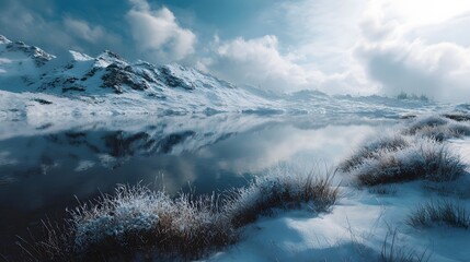 Frozen lake surrounded by snow capped mountains in a peaceful winter landscape