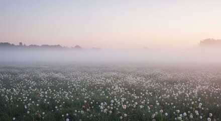 Dreamy Morning: A Field of Flowers in a Gentle Mist