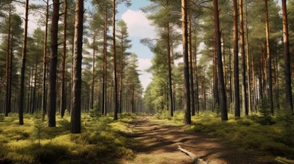 Fototapeta premium pine forest, dirt path, lush undergrowth, dappled sunlight, atmospheric, photorealistic, 8k, cinematic, highly detailed, award-winning 