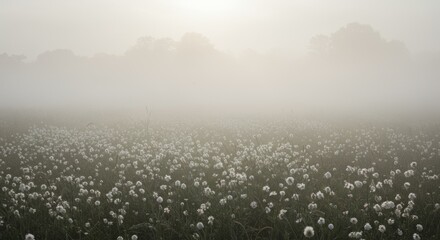 Fototapeta premium Misty Field of White Flowers with Trees and a Bright Sky