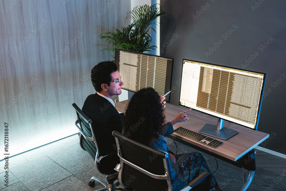 Poster two professionals analyze data on dual monitors in a dim modern office, collaborating and pointing a