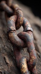 Rusty metal chain on wooden surface showcasing age and wear in a close-up perspective