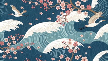 Japanese Style Wave Pattern with Cranes and Cherry Blossoms Graphic Design Background for Fabric and Wallpaper a Serene Asian Landscape
