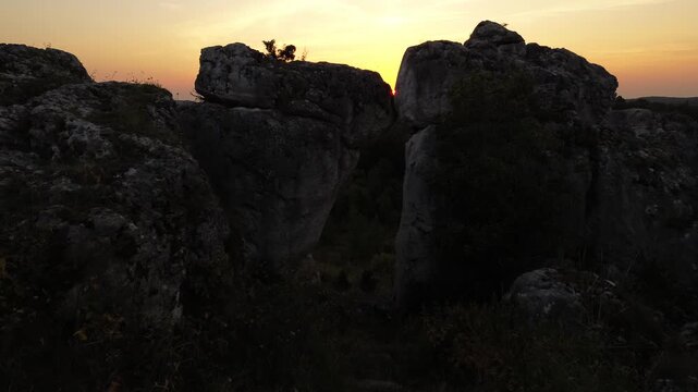 Aerial drone flight over Limestone Rock Ner Olsztyn, Poland