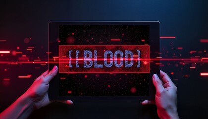 Digital tablet displaying the word "BLOOD" with red graphics  