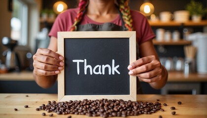 Woman holding a thank you sign surrounded by coffee beans indoors  
