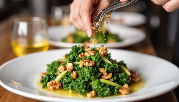Fresh kale salad with toppings being prepared in restaurant setting  