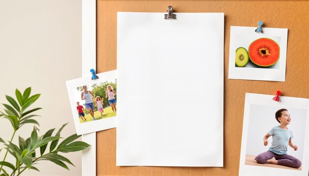 Blank paper clip on corkboard with colorful photos and plant  
